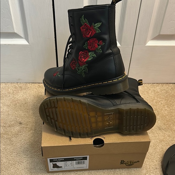 Dr. Martens Shoes - Dr. Martens Black Boots with Red Rose Embroidery